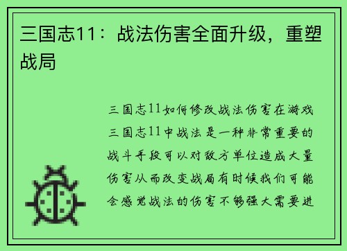 三国志11：战法伤害全面升级，重塑战局